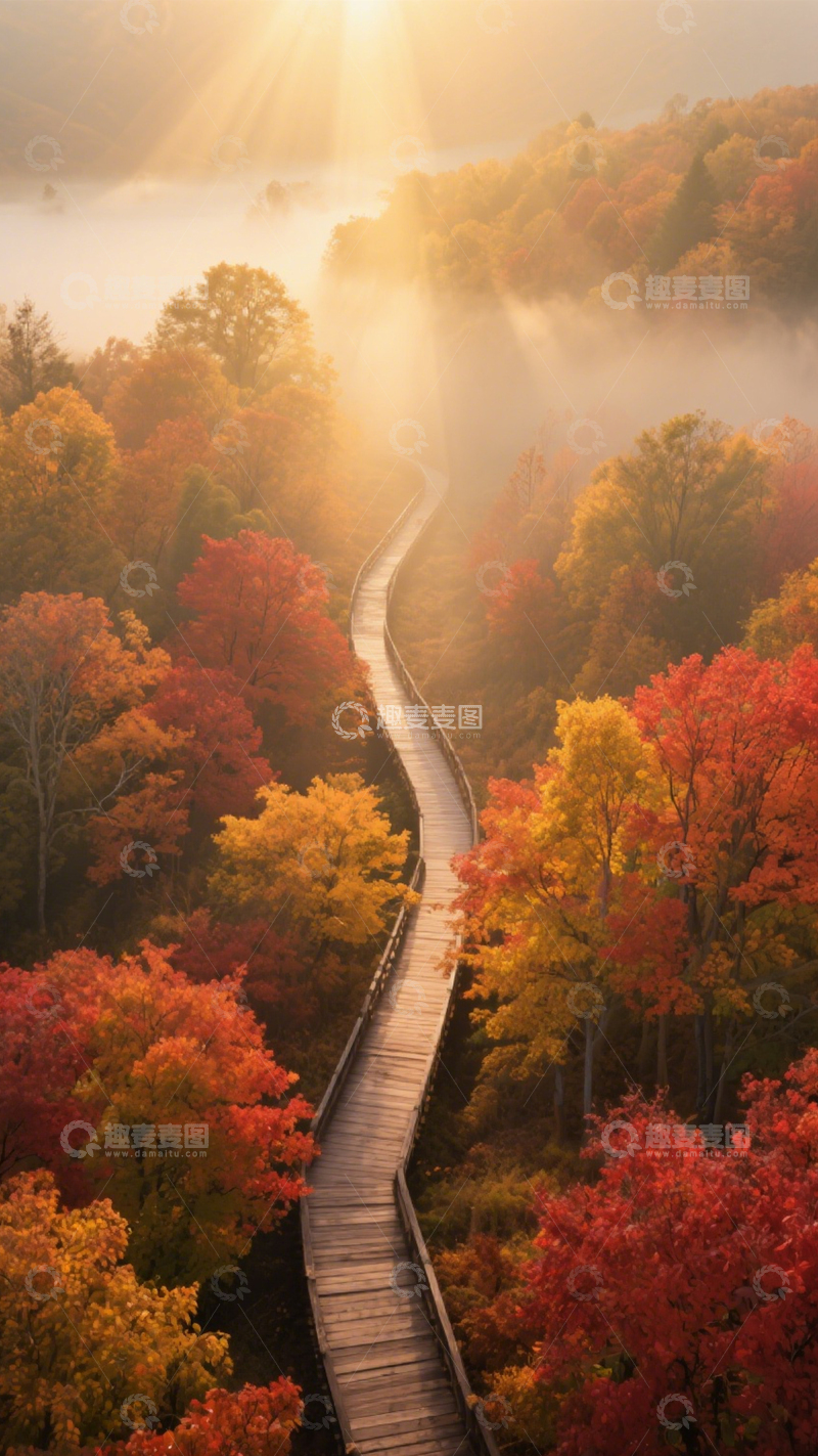 高清大图下载【趣麦麦图】秋林栈道阳光穿叶洒金2