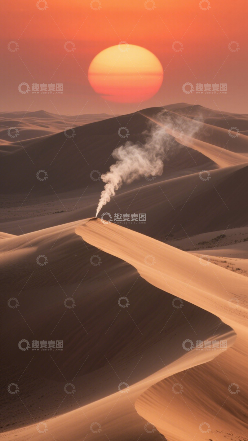 高清大图下载【趣麦麦图】沙漠落日下沙丘孤烟美景1