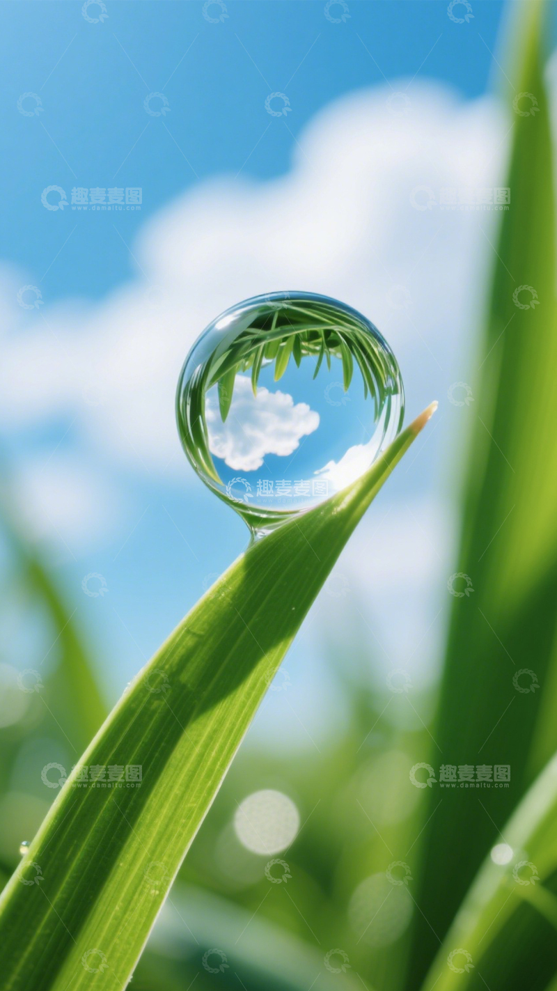 高清大图下载【趣麦麦图】草叶露珠映出蓝天与白云2