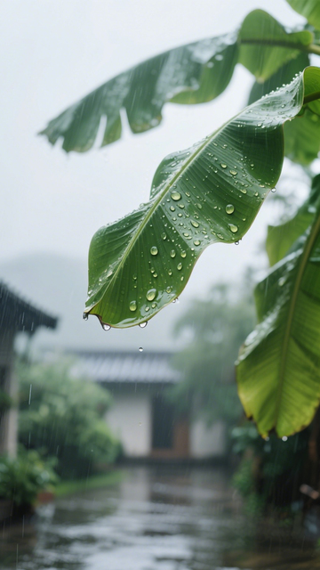 雨滴落芭蕉雨天清新之美2