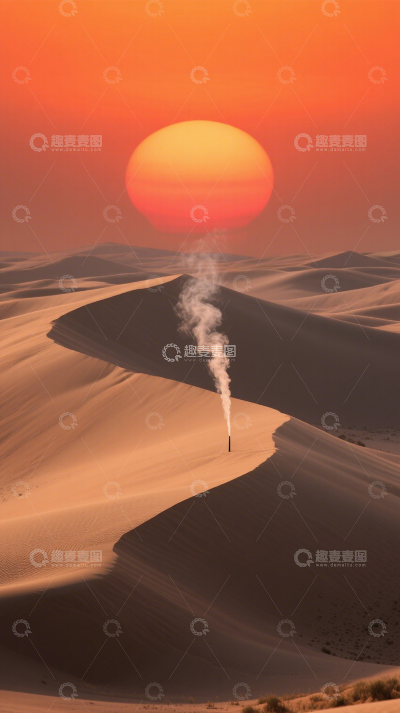 高清大图下载【趣麦麦图】沙漠落日下沙丘孤烟美景2