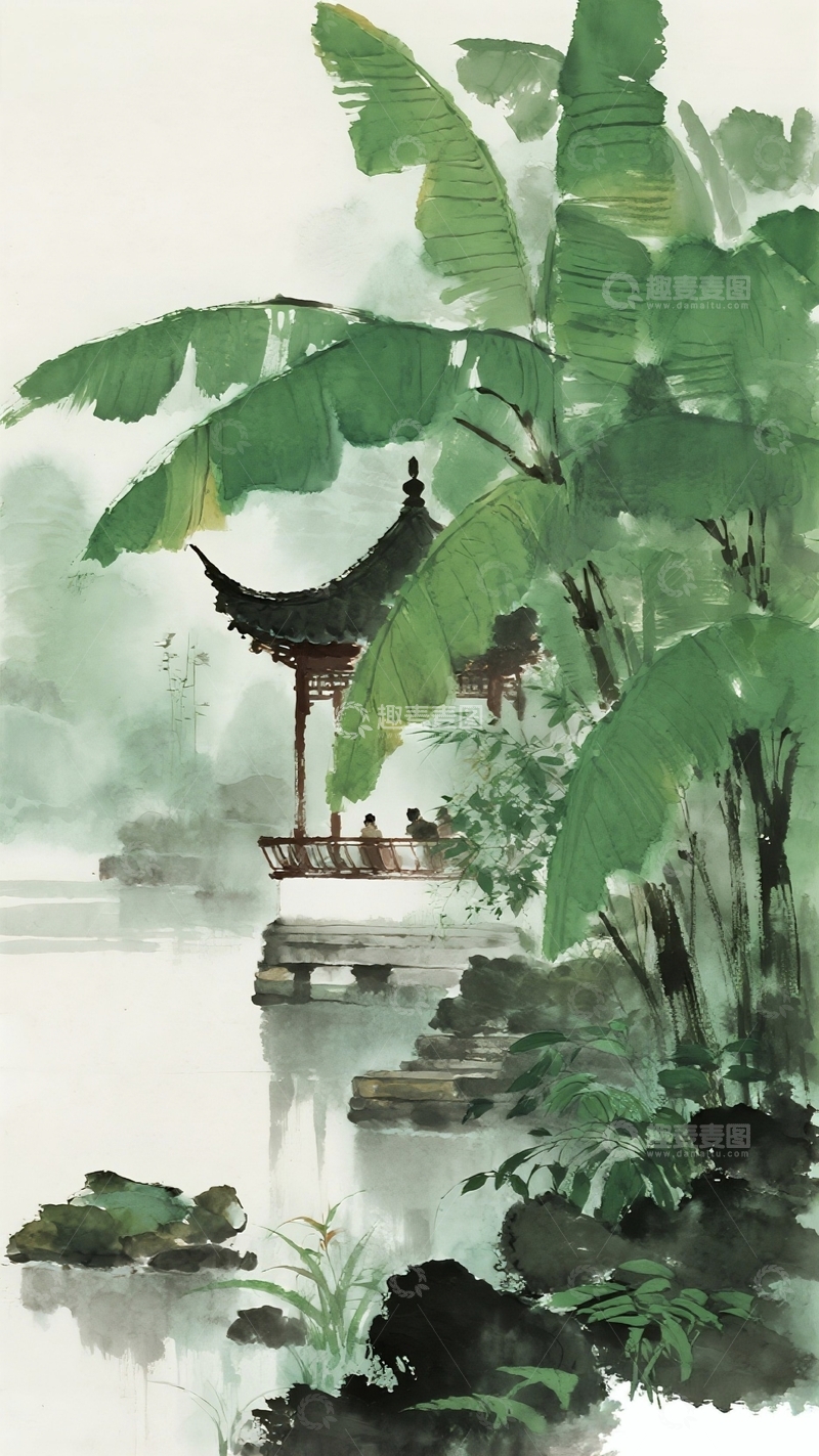 高清大图下载【趣麦麦图】水墨风格中式园林场景插画