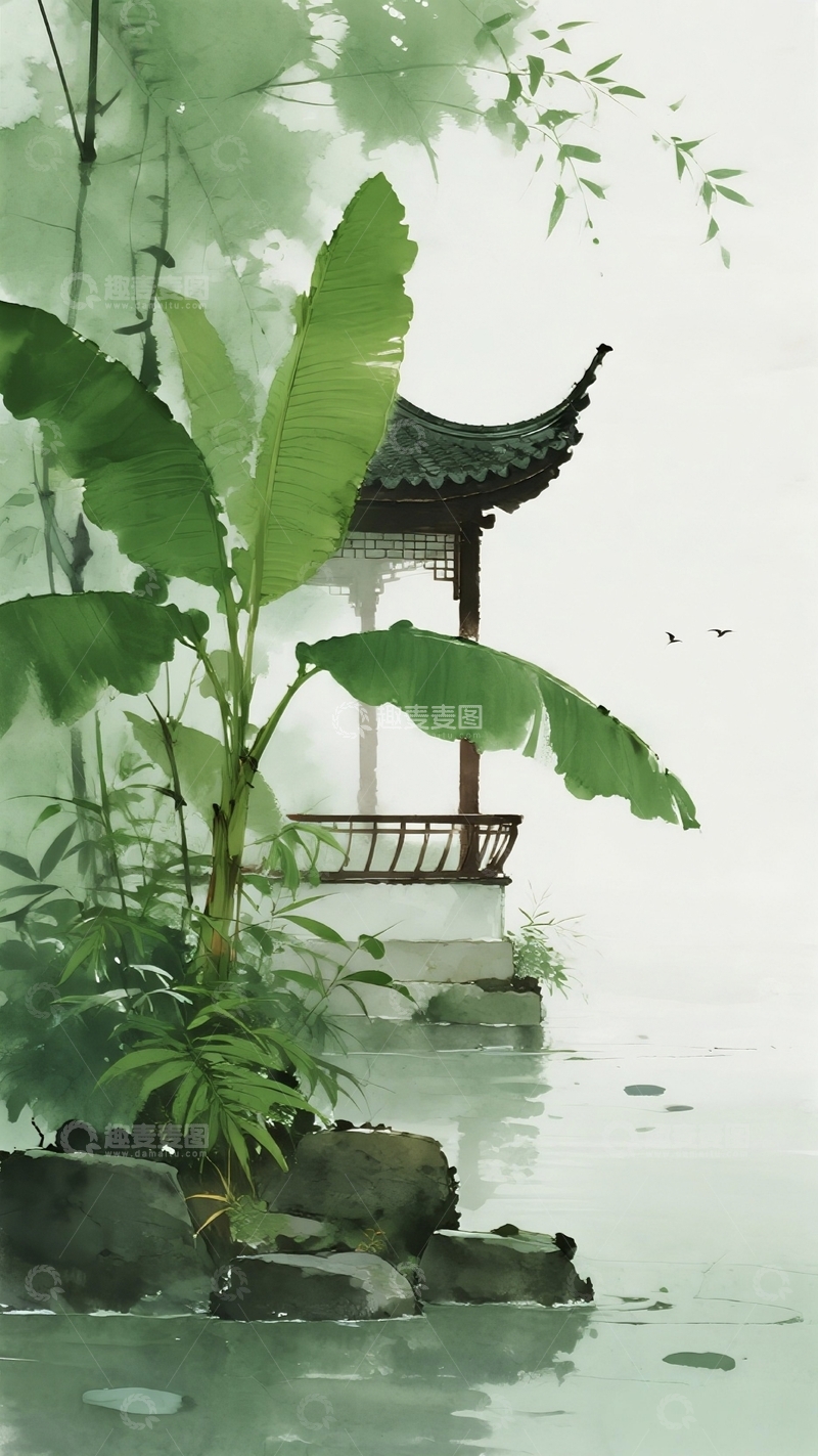 高清大图下载【趣麦麦图】水墨中式园林插画