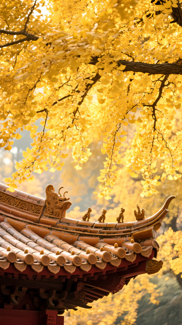 秋季古建筑屋顶风景摄影图