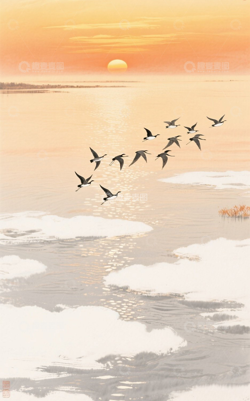高清大图下载【趣麦麦图】秋日归雁落日山水插画