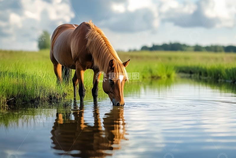 高清大图下载【趣麦麦图】在河流边喝水的马匹