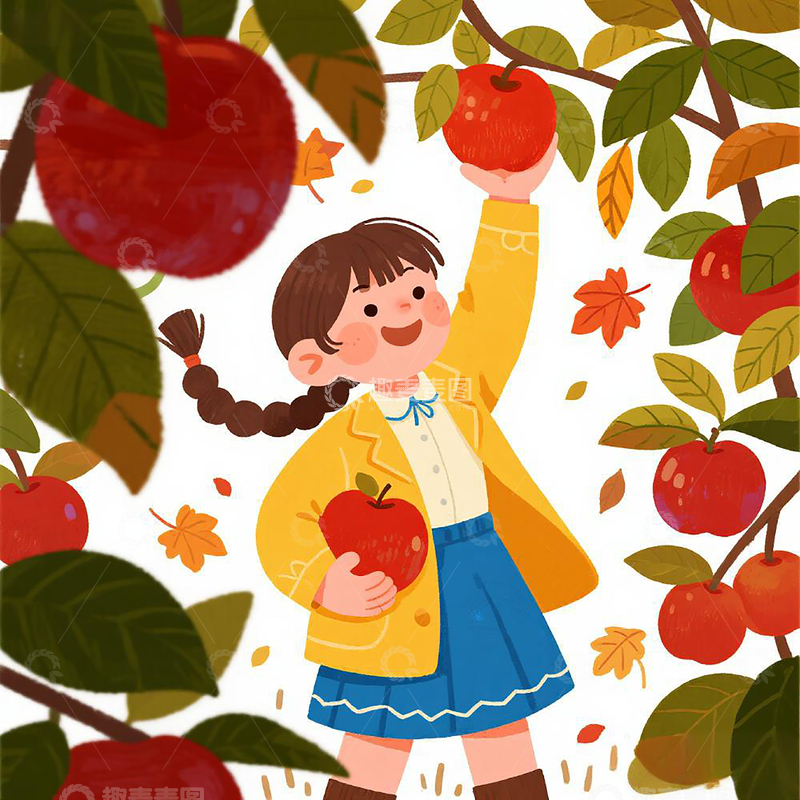 源文件下载【趣麦麦图】卡通秋季摘苹果的女孩
