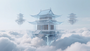 中式科技感云端图书馆插画