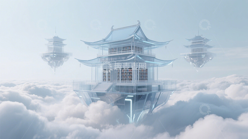 高清大图下载【趣麦麦图】-中式科技感云端图书馆插画