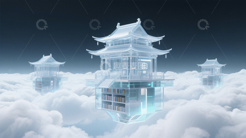 高清大图下载【趣麦麦图】中式图书馆云端科技感天宫插画