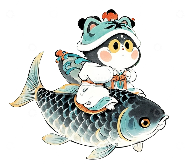 源文件下载【趣麦麦图】坐在鲤鱼上的古装猫咪
