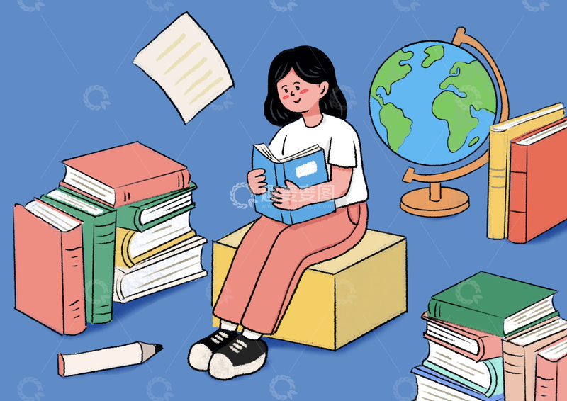 新学期看书女孩插画