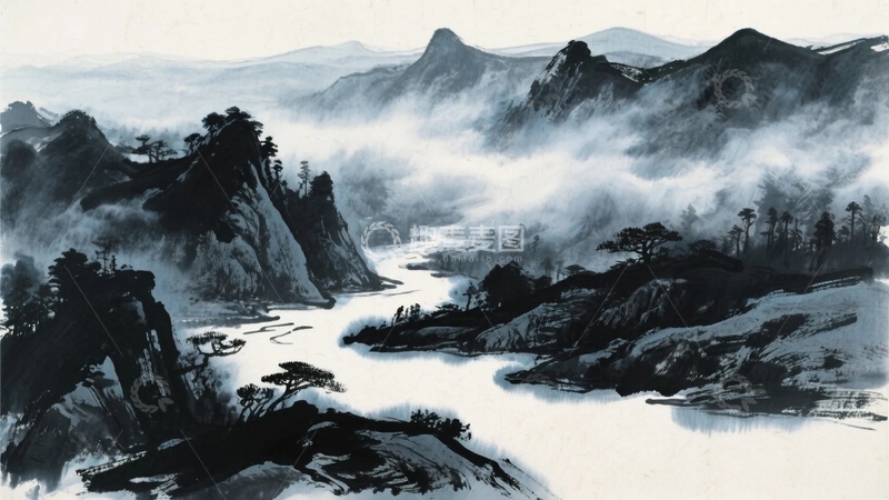 高清大图下载【趣麦麦图】国画山水奇峰水墨画04