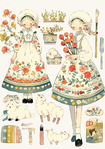 手绘卡通插画动物花草手绘女孩