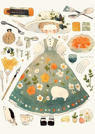 复古风手绘卡通插画动物花草女孩