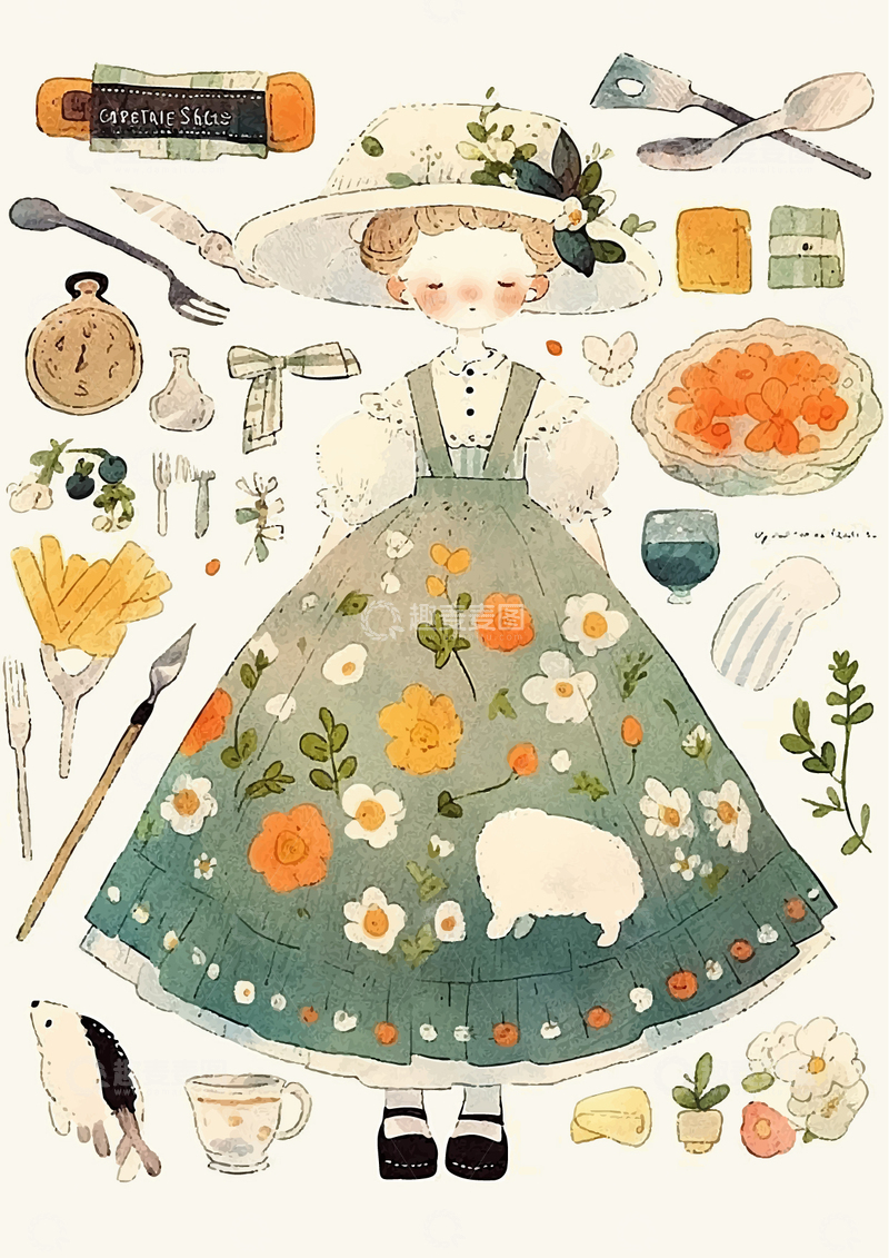 源文件下载【趣麦麦图】复古风手绘卡通插画动物花草女孩