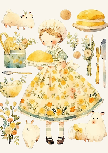 手绘卡通插画动物花草扁平风女孩