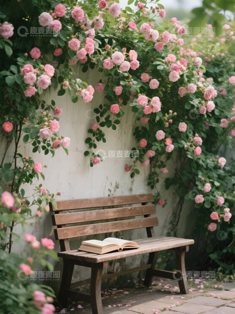 高清大图下载【趣麦麦图】花墙下的木椅与书