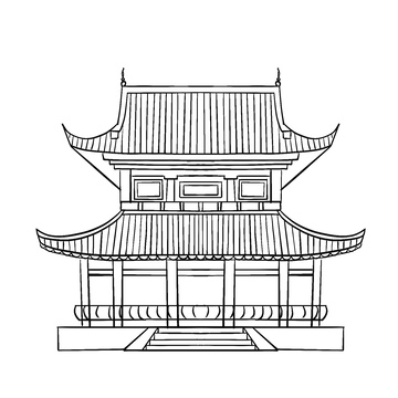 国风黑白建筑线稿