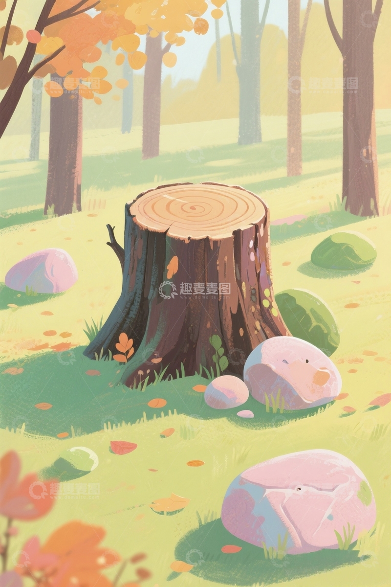 高清大图下载【趣麦麦图】秋天森林的落叶木桩