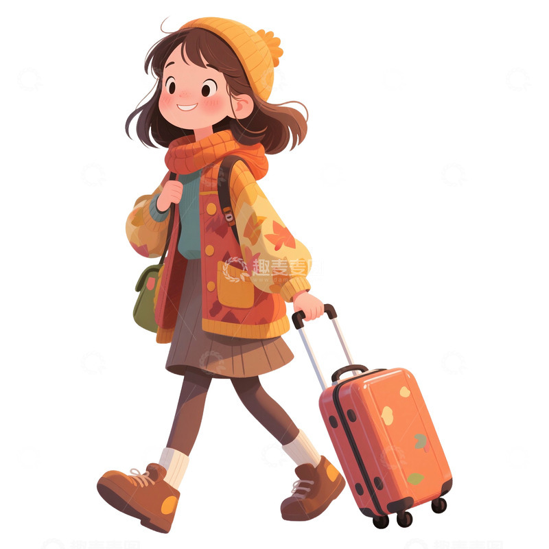 高清大图下载【趣麦麦图】拉着行李箱开心出游女孩