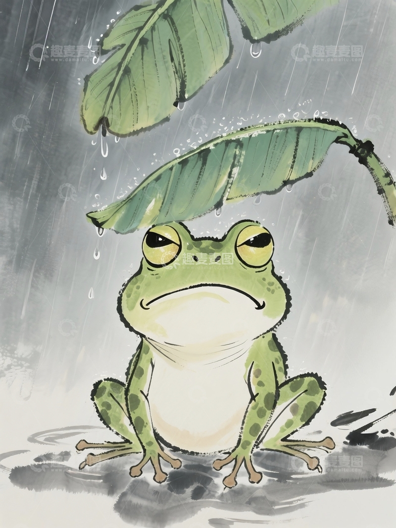 高清大图下载【趣麦麦图】下雨天躲雨青蛙