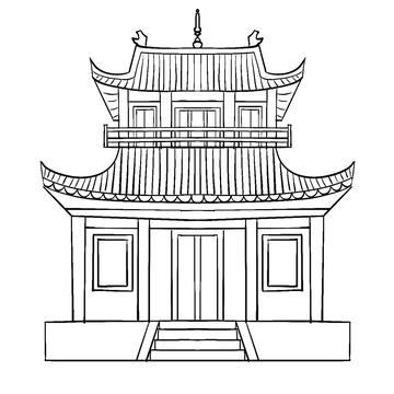 古风亭台黑白建筑线稿