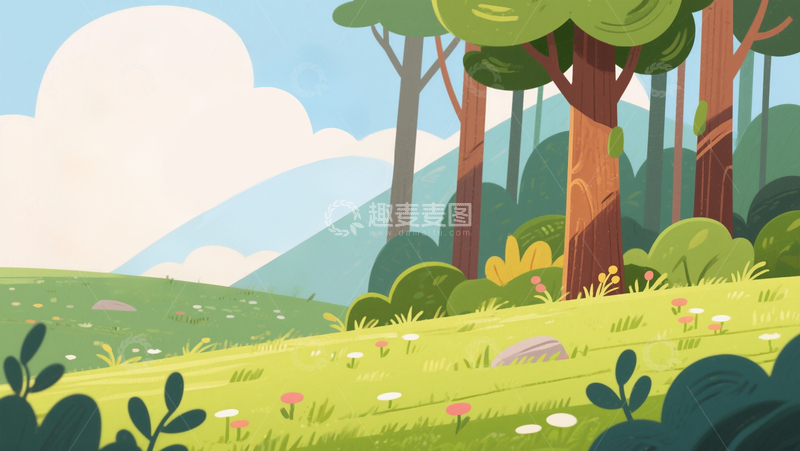 高清大图下载【趣麦麦图】卡通手绘户外草地森林蓝天白云绿色插画素材