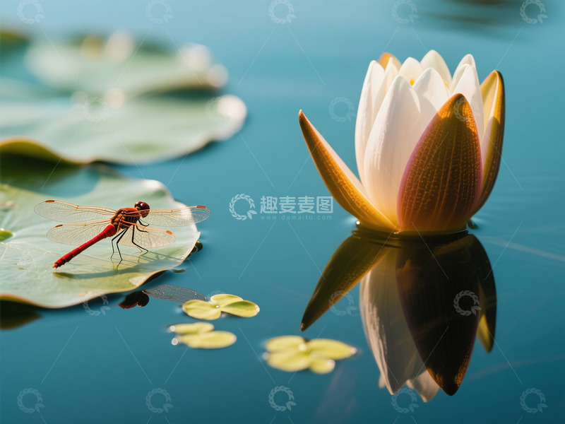 高清大图下载【趣麦麦图】夏天池塘含苞待放的荷花和蜻蜓