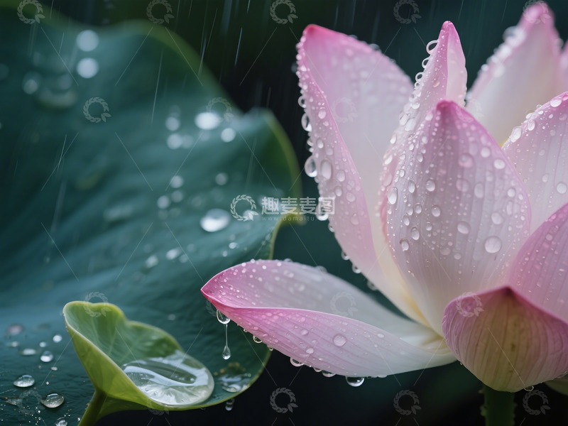 高清大图下载【趣麦麦图】雨中池塘盛开的粉色荷花雨中