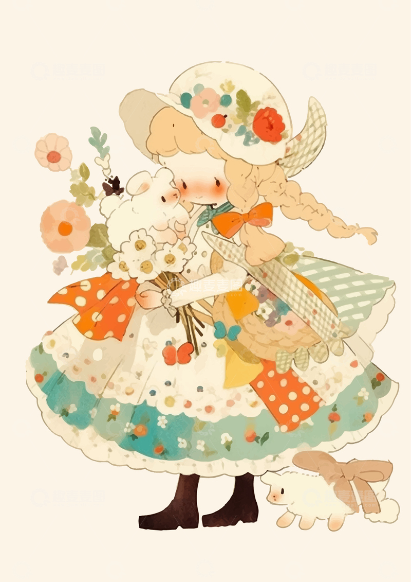 源文件下载【趣麦麦图】手绘插画复古女孩矢量图插画图