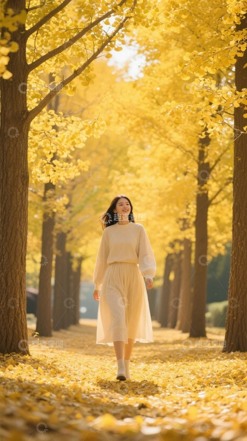 高清大图下载【趣麦麦图】银杏大道上的少女01