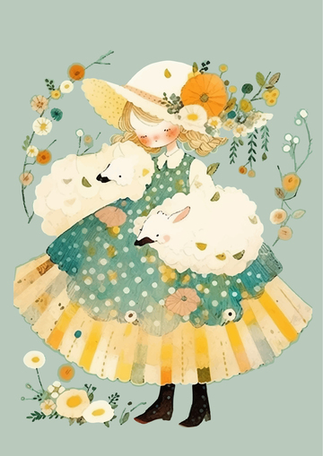 淡蓝色复古女孩花朵可爱插画素材