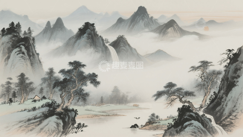 高清大图下载【趣麦麦图】国风水墨风山水云雾松柏自然风景插画素材