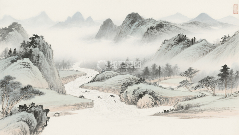 高清大图下载【趣麦麦图】国风水墨风山水云雾松柏自然风景插画素材