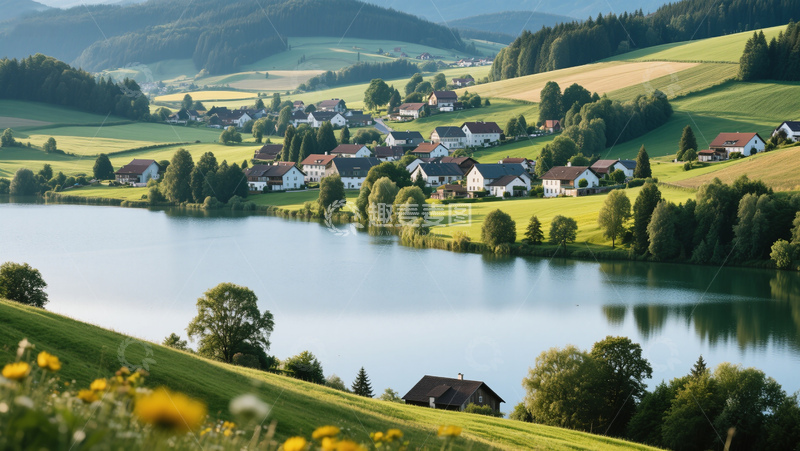 高清大图下载【趣麦麦图】山水田园乡村小镇新农村湖泊风景商业照片