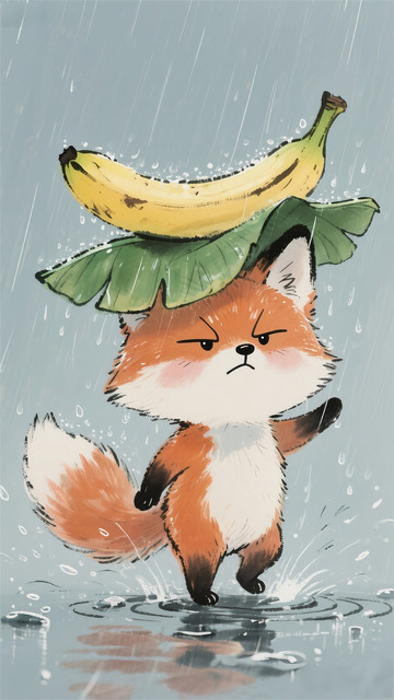 狐狸嫌弃下雨天芭蕉难过水墨画插画2