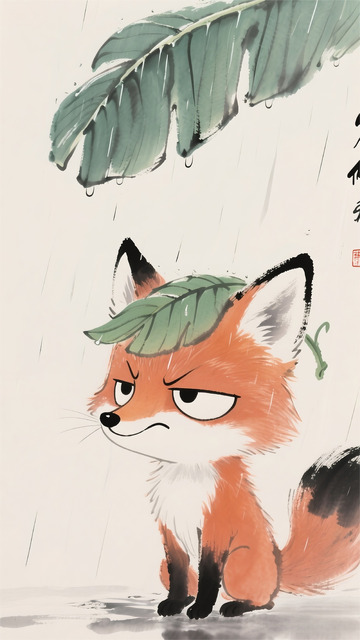 狐狸嫌弃下雨天芭蕉难过水墨画插画4