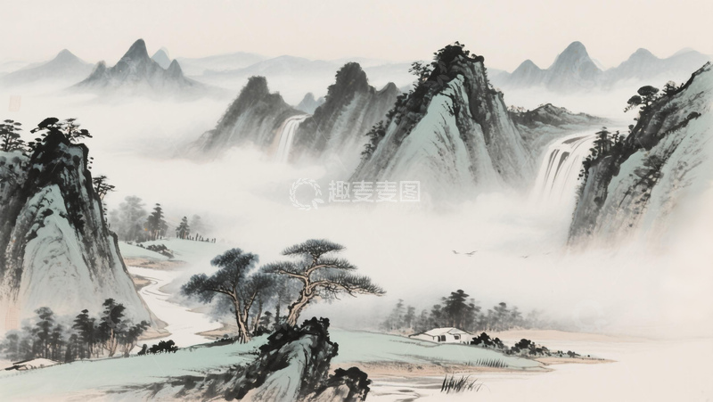 高清大图下载【趣麦麦图】国风水墨风山水云雾松柏自然风景插画素材