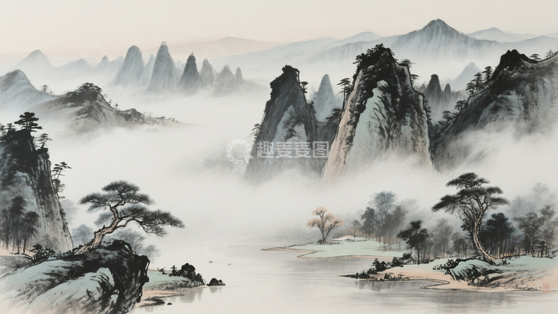 高清大图下载【趣麦麦图】国风水墨风山水云雾松柏自然风景插画素材
