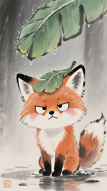 狐狸嫌弃下雨天芭蕉难过水墨画插画1