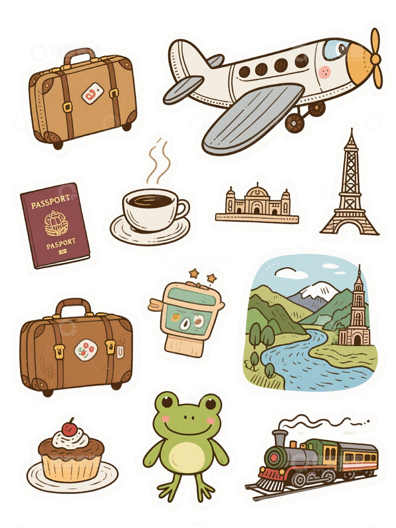 旅行手账贴纸素材卡通可爱飞机旅游1