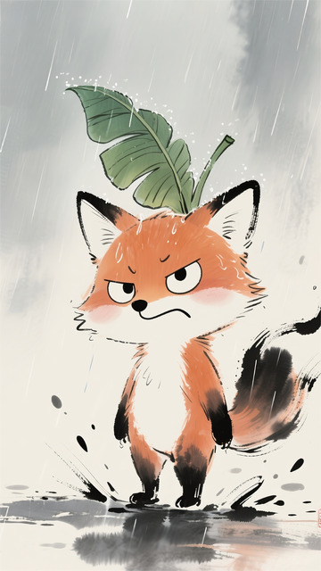 狐狸嫌弃下雨天芭蕉难过水墨画插画3