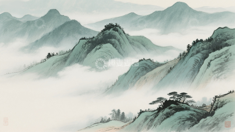 高清大图下载【趣麦麦图】国风水墨风山水云雾松柏自然风景插画素材