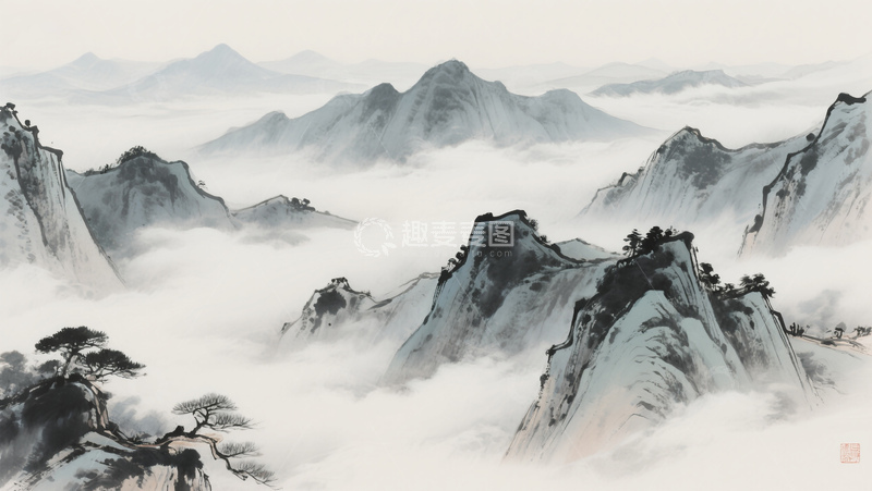 高清大图下载【趣麦麦图】国风水墨风山水云雾松柏自然风景插画素材