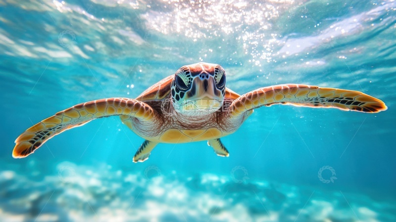 高清大图下载【趣麦麦图】海里游泳的一只海龟