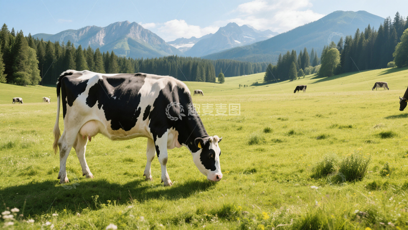 草原森林山脉奶牛吃草蓝天白云商业照片
