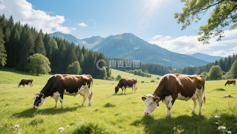 高清大图下载【趣麦麦图】草原森林山脉奶牛群吃草蓝天白云商业照片