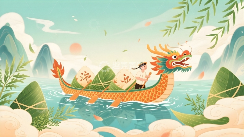 高清大图下载【趣麦麦图】舟与粽子端午节创意海报03