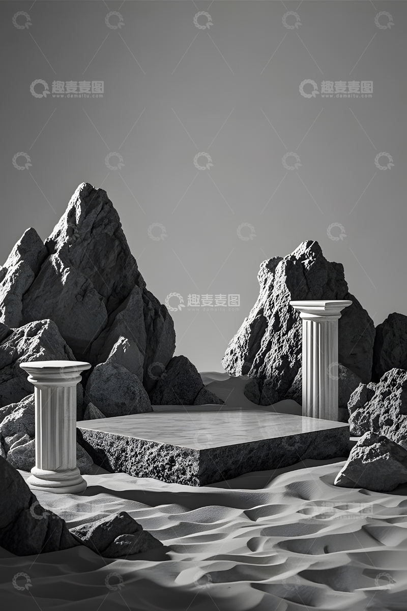 高清大图下载【趣麦麦图】黑色罗马柱石块展台背景1